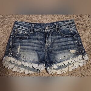 Miss Me Distressed Blue Denim Shorts with Lace Trim